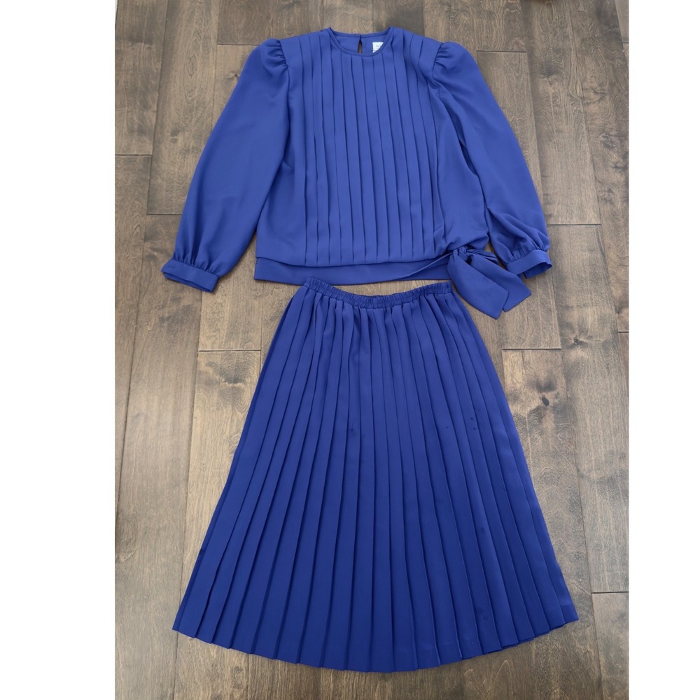 Vintage In The Mood Cobalt Blue Pleated Skirt and Blouse Set Sz 10 Long Sleeve